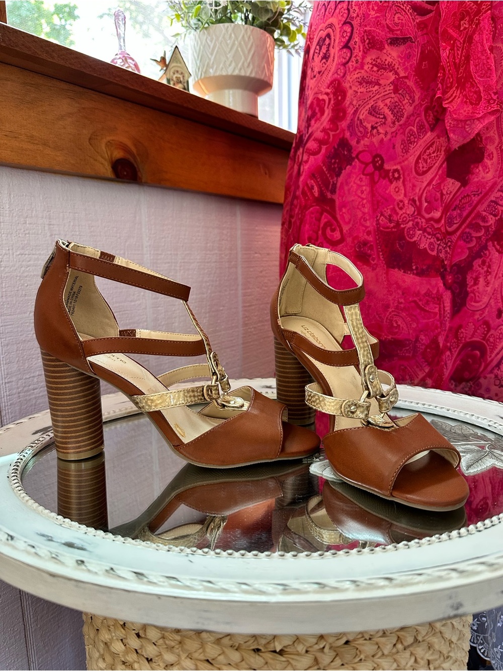 Liz Claiborne Brown and Gold Strappy Block Heel Sandals